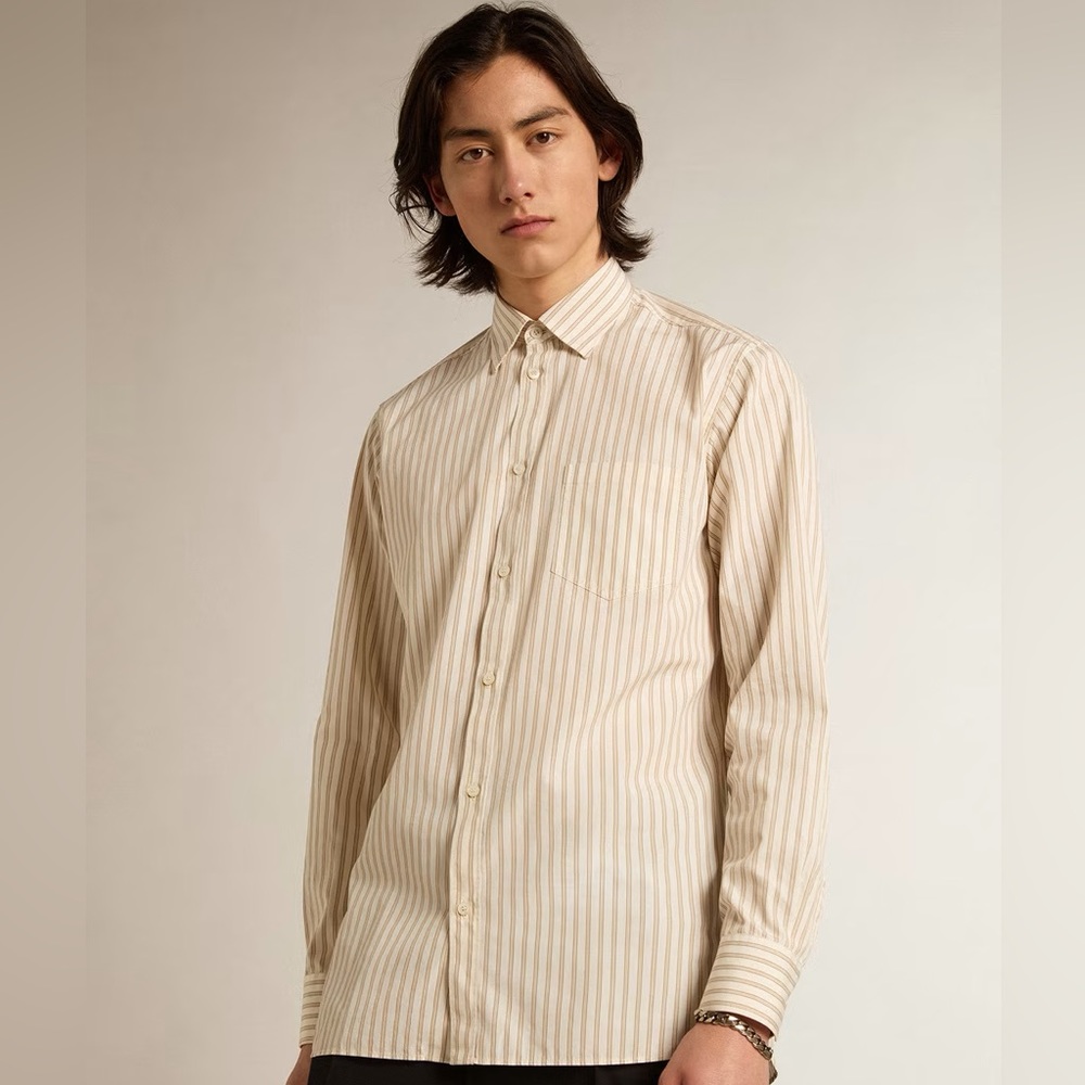 Golden Goose | Men’s white cotton shirt with beige stripes size: large